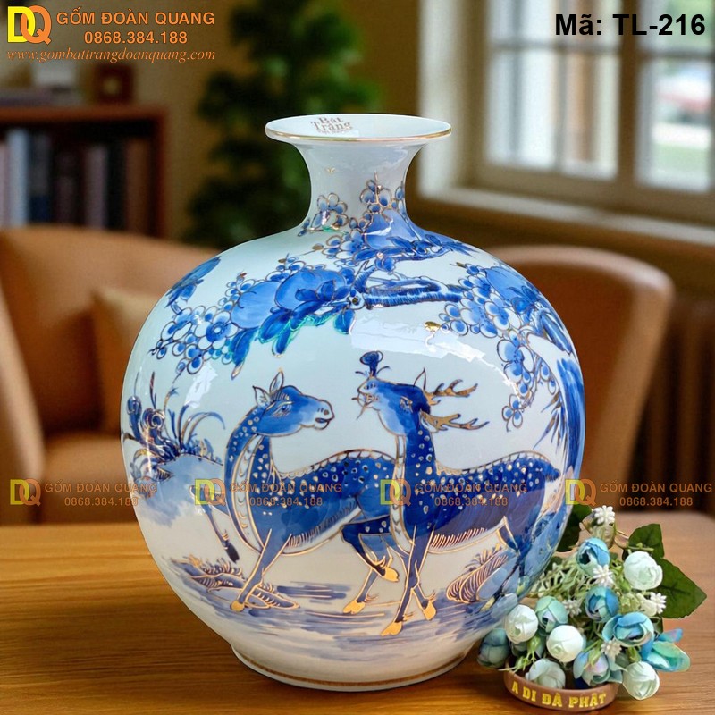 Bình tài lộc cảnh Tùng Hươu cao 28cm – Vẽ tích Phú Quý Trường Thọ mã TL-216