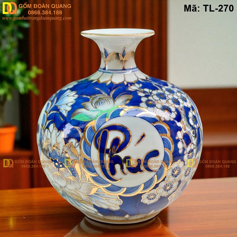 Bình tài lộc chữ Phúc Đức Tài Lộc mạ vàng cao cấp cỡ cao 24cm mã TL-270