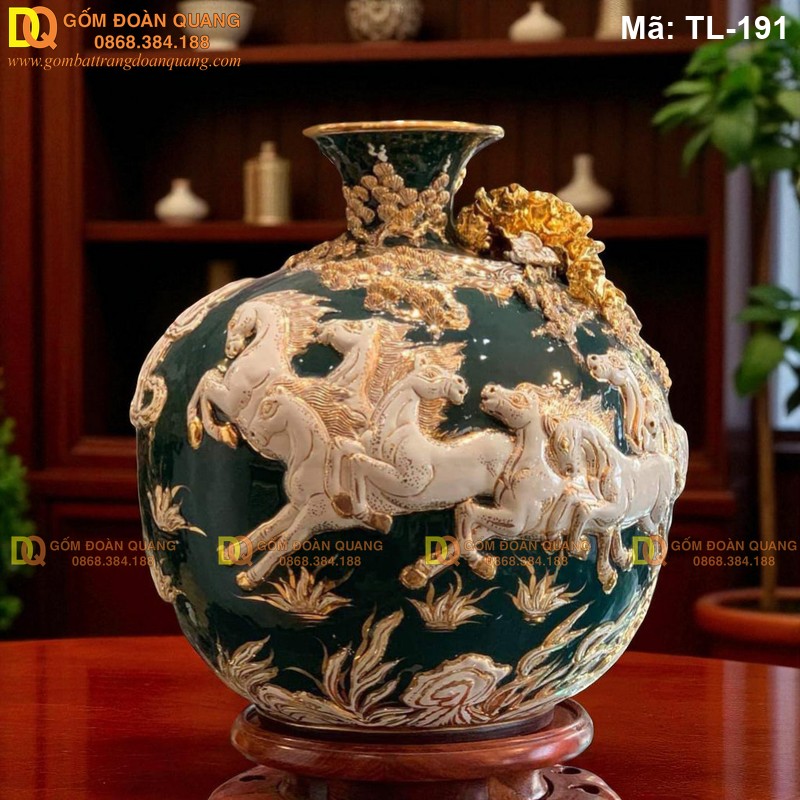 Bình tài lộc đắp nổi mạ vàng Bát Mã Truy Phong mã TL-191