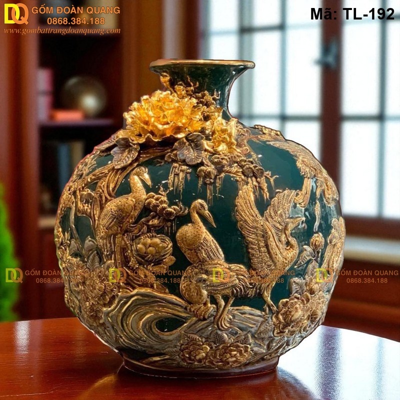 Bình tài lộc đắp nổi mạ vàng Tùng Hạc Diên Niên mã TL-192