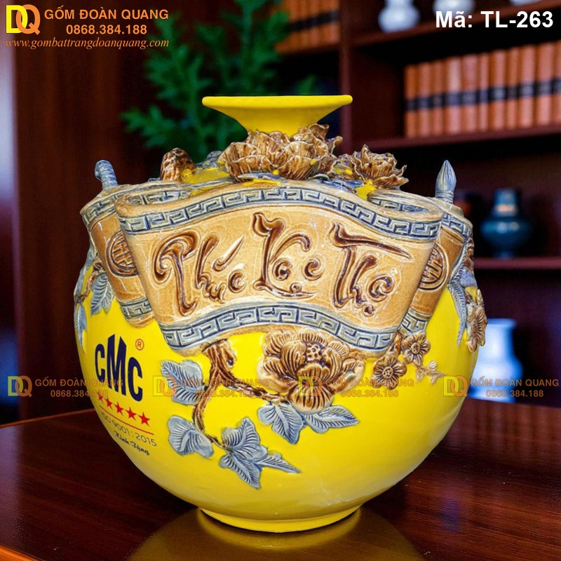 Bình tài lộc đắp nổi Phúc Lộc Thọ cuốn thư mã TL-263