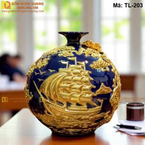 Bình tài lộc phong thủy màu Xanh Dương đắp nổi Thuyền mạ vàng mã TL-203