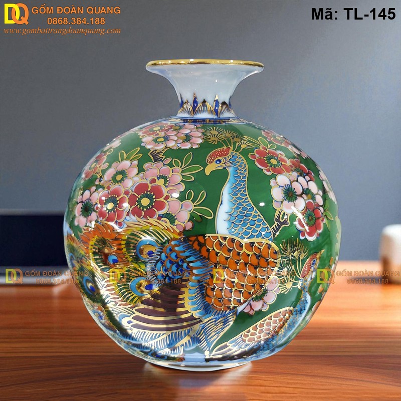 Bình tài lộc phong thủy nền xanh lá vẽ Công Đào mã TL-145