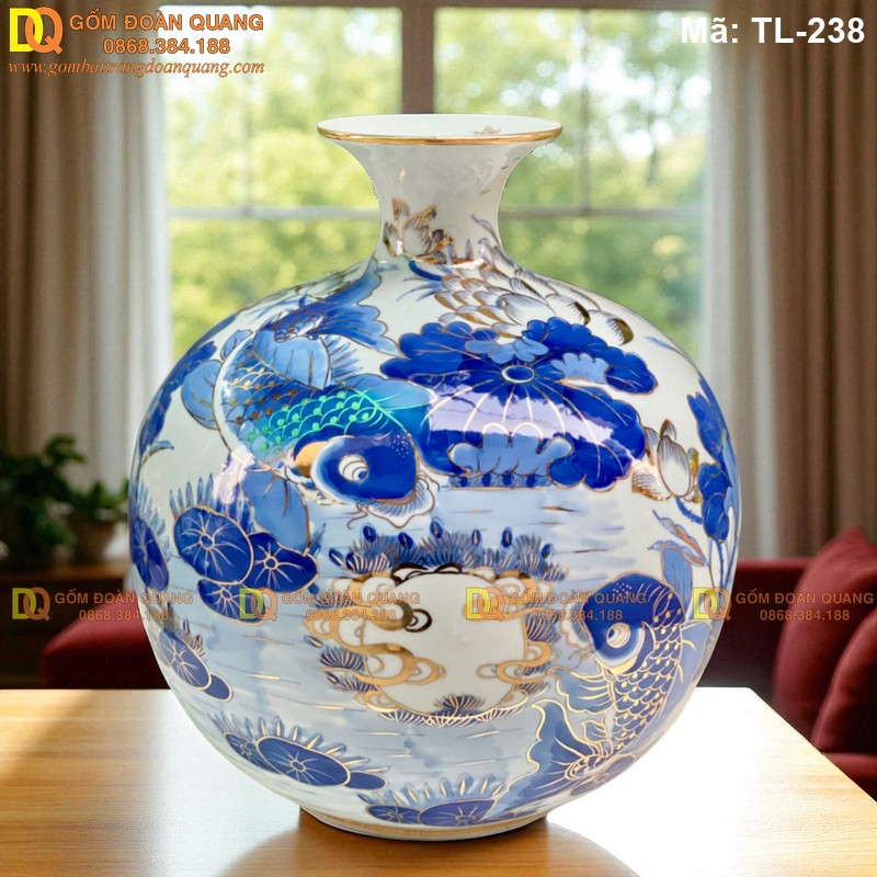 Bình tài lộc vẽ cảnh Lý Ngư Vọng Nguyệt cao 33cm mã TL-238