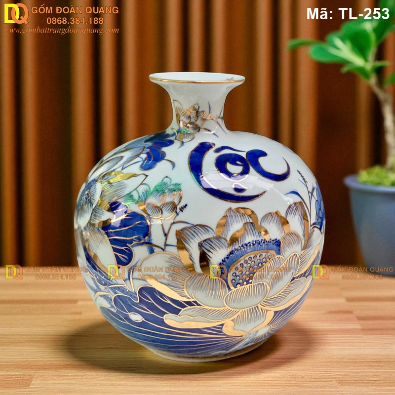 Bình tài lộc vẽ Sen mạ vàng chữ Lộc cao 28cm mã TL-253
