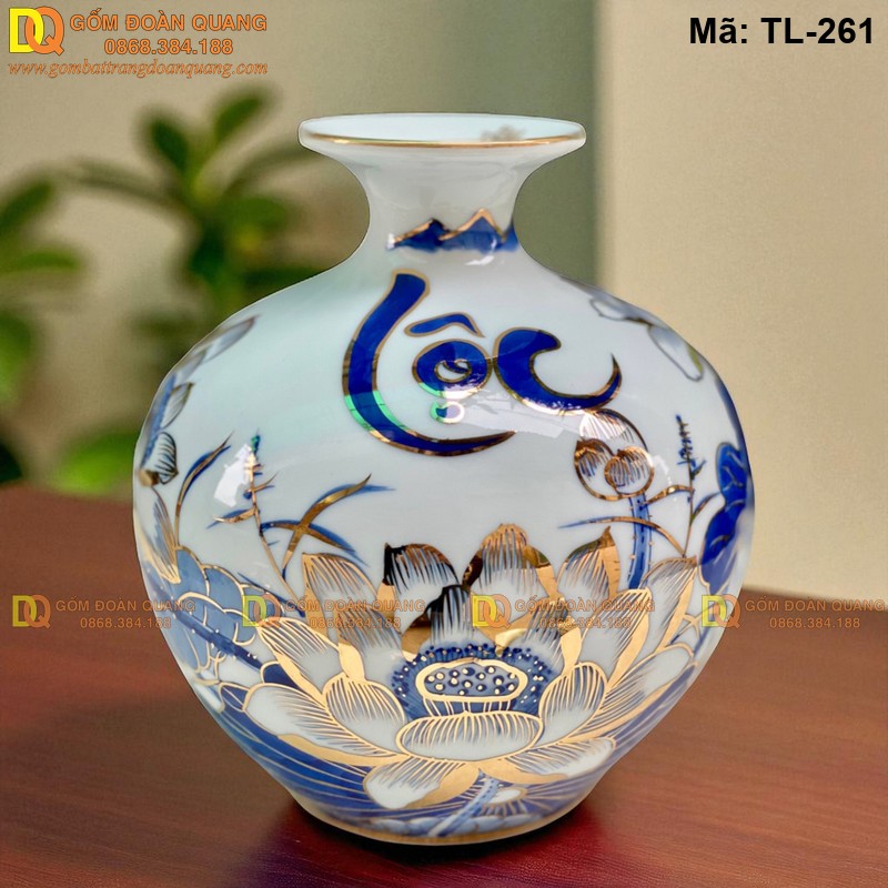 Bình tài lộc vẽ Sen Phú Quý chữ Lộc mạ vàng 24K cao 21cm mã TL-261