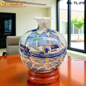 Bình tài lộc vẽ Thuận Buồm Xuôi Gió mạ vàng 24K cao 28cm mã TL-219