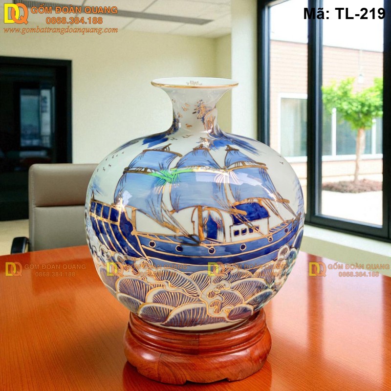 Bình tài lộc vẽ Thuận Buồm Xuôi Gió mạ vàng 24K cao 28cm mã TL-219