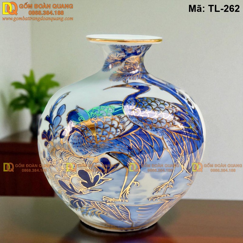 Bình tài lộc vẽ Tùng Hạc Diên Niên mạ vàng 24K cỡ cao 21cm mã TL-262