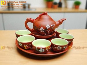 Bộ ấm chén đất nung nhỡ men Bát Tràng (đĩa tròn)