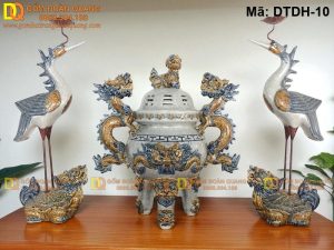 Bộ đỉnh hạc men rạn đắp nổi mã DTDH-10