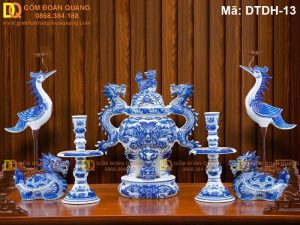 Bộ ngũ sự đỉnh hạc cây nến sứ Bát Tràng mã DTDH-13