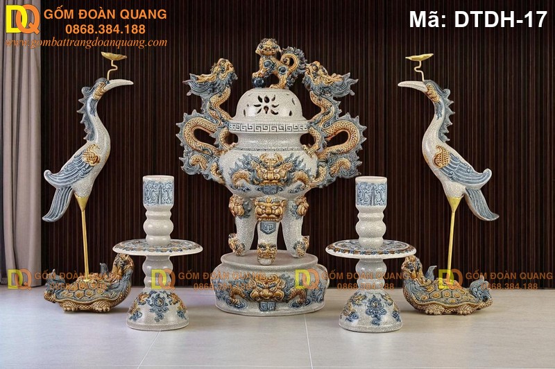 Bộ ngũ sự đỉnh hạc gốm sứ cỡ to mã DTDH-17 Bộ ngũ sự đỉnh hạc gốm sứ cỡ to mã DTDH-17