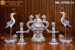 Bộ ngũ sự đỉnh hạc sứ vẽ mạ vàng 24k mã DTDH-14