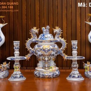 Bộ ngũ sự đỉnh hạc sứ vẽ mạ vàng 24k mã DTDH-14