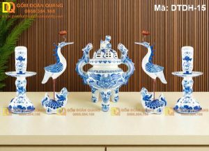 Bộ ngũ sự gốm sứ men xanh lam mã DTDH-15
