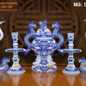Bộ ngũ sự sứ Bát Tràng men lam cao cấp mã DTDH-12