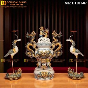 Bộ tam sự men rạn đắp nổi Bát Tràng mã DTDH-07