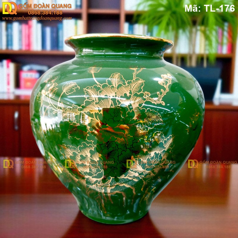 Vò trài lộc cắm hoa màu xanh mạ vàng 24K mã TL-176