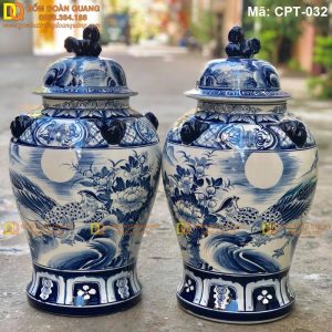 Chóe Bát Tràng Men lam cảnh Chim Trĩ hoa Phù Dung mã CPT-032