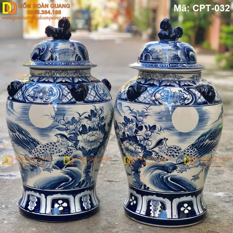 Chóe Bát Tràng Men lam cảnh Chim Trĩ hoa Phù Dung mã CPT-032