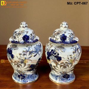 Chóe Bát Tràng Men lam cảnh Sen, vẽ vàng mã CPT-067