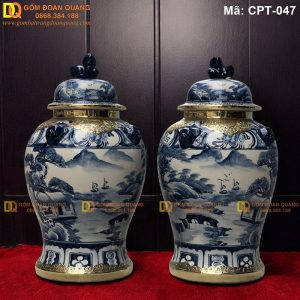 Chóe Bát Tràng Men lam cảnh Sơn thủy Bọc Đồng mã CPT-047