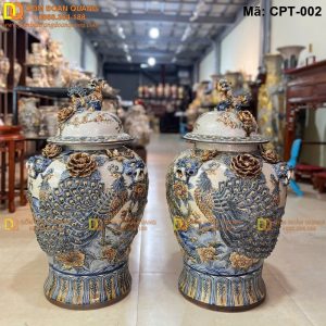 Chóe Bát Tràng Men rạn đắp nổi cảnh Công đào mã CPT-002