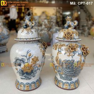 Chóe Bát Tràng Men rạn đắp nổi cảnh Công đào mã CPT-017