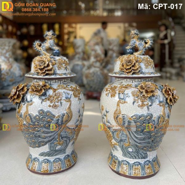 Chóe Bát Tràng Men rạn đắp nổi cảnh Công đào mã CPT-017 - Ảnh 2