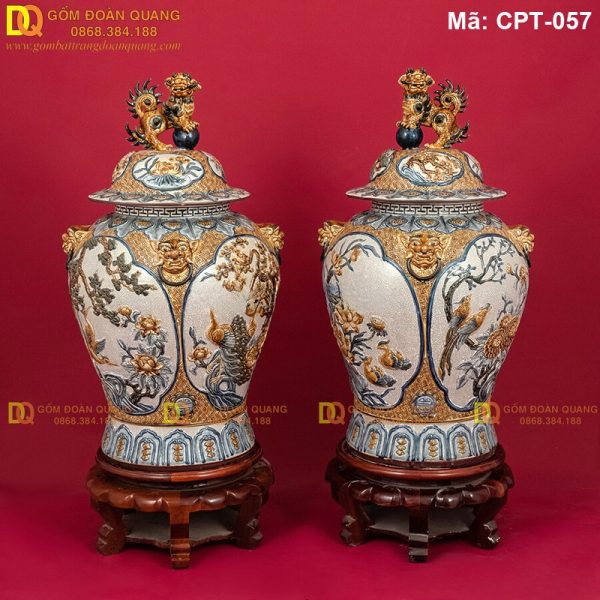 Chóe Bát Tràng Men rạn đắp nổi cảnh Tứ cảnh Tùng Cúc Sen Mai mã CPT-057