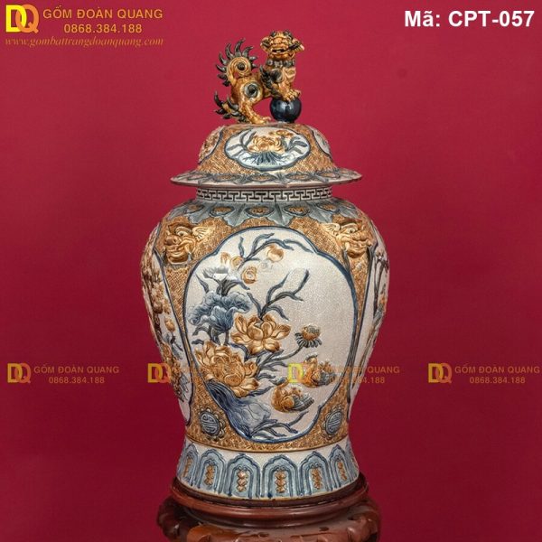 Chóe Bát Tràng Men rạn đắp nổi cảnh Tứ cảnh Tùng Cúc Sen Mai mã CPT-057 - Ảnh 2