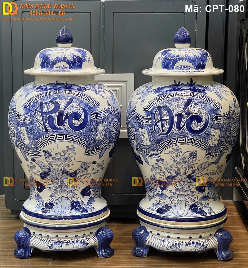 Chóe gốm sứ Men lam cảnh Sen cá, Phúc Đức mã CPT-080