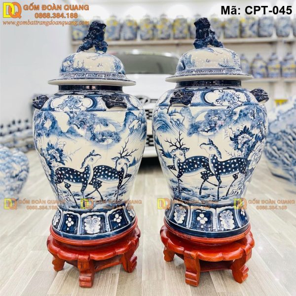Chóe gốm sứ Men lam cảnh Tùng hươu mã CPT-045