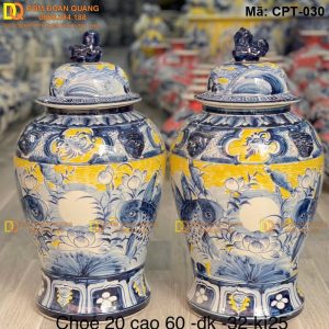 Chóe gốm sứ Men màu vàng cảnh Sen cá mã CPT-030