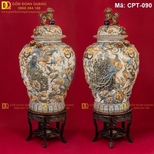 Chóe gốm sứ Men rạn đắp nổi cảnh Bách Điểu Triều Phụng mã CPT-090