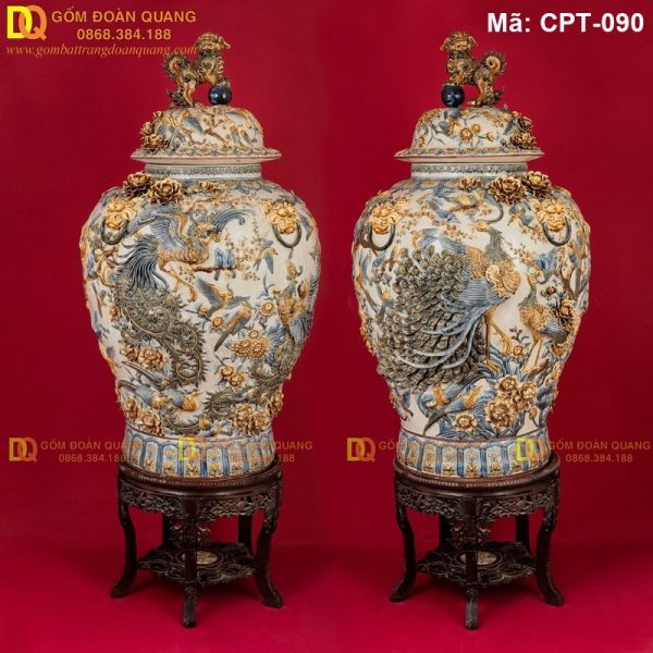 Chóe gốm sứ Men rạn đắp nổi cảnh Bách Điểu Triều Phụng mã CPT-090