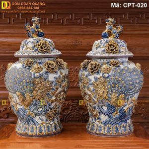 Chóe gốm sứ Men rạn đắp nổi cảnh Công đào mã CPT-020