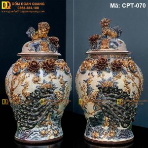Chóe gốm sứ Men rạn đắp nổi cảnh Công đào mã CPT-070