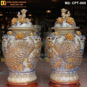 Chóe gốm sứ Men rạn đắp nổi cảnh Công đào Vẽ vàng mã CPT-005