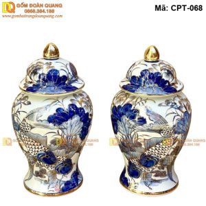 Chóe phong thủy Bát Tràng Men lam cảnh Sen cá, vẽ vàng mã CPT-068