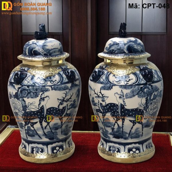 Chóe phong thủy Bát Tràng Men lam cảnh Tùng hươu Bọc Đồng mã CPT-048