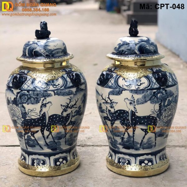 Chóe phong thủy Bát Tràng Men lam cảnh Tùng hươu Bọc Đồng mã CPT-048 - Ảnh 2
