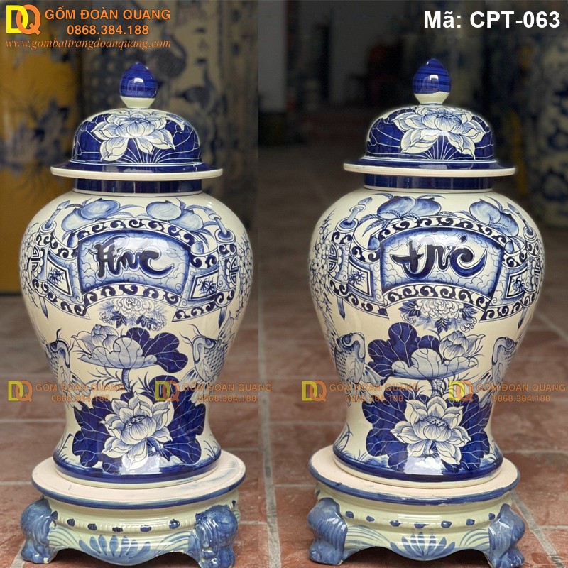 Chóe phong thủy Bát Tràng Men rạn cảnh Sen Cá, chữ Phúc Đức mã CPT-063