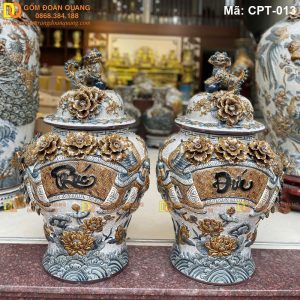 Chóe phong thủy Bát Tràng Men rạn đắp nổi cảnh Chữ Phúc Đức, Công Đào, Sen Cá mã CPT-013