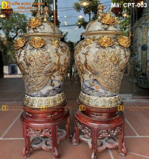 Chóe phong thủy Bát Tràng Men rạn đắp nổi cảnh Công đào Vẽ vàng mã CPT-003