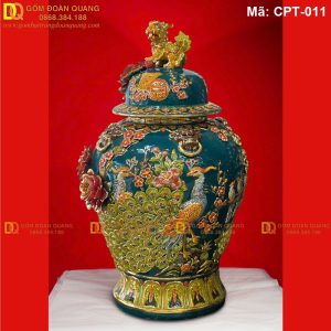 Chóe phong thủy Men lục bảo cảnh Công đào màu Vẽ vàng mã CPT-011