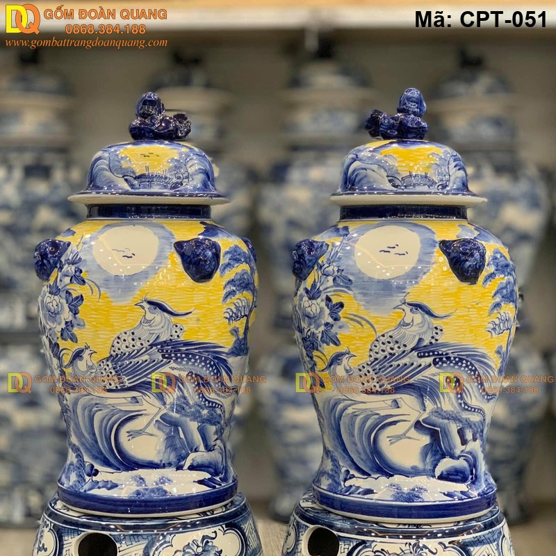 Chóe phong thủy Men màu vàng cảnh Chim Trĩ hoa Phù Dung mã CPT-051