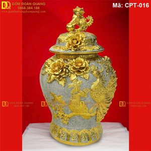 Chóe phong thủy Men rạn đắp nổi cảnh Công đào Dát vàng, vẽ vàng mã CPT-016