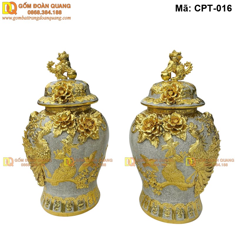 Chóe phong thủy Men rạn đắp nổi cảnh Công đào Dát vàng, vẽ vàng mã CPT-016 – Ảnh 4